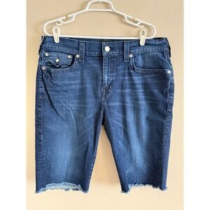 True Religion Mens Dark Wash Denim Cutoff Shorts Raw Hem Size 38W